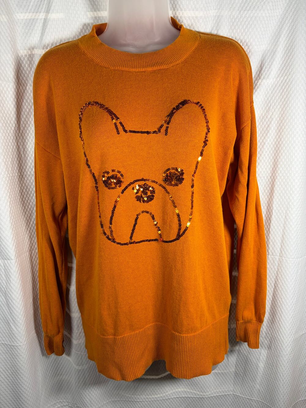 Ben de Lisi Pumpkin French Bulldog Sequin Sweater EUC